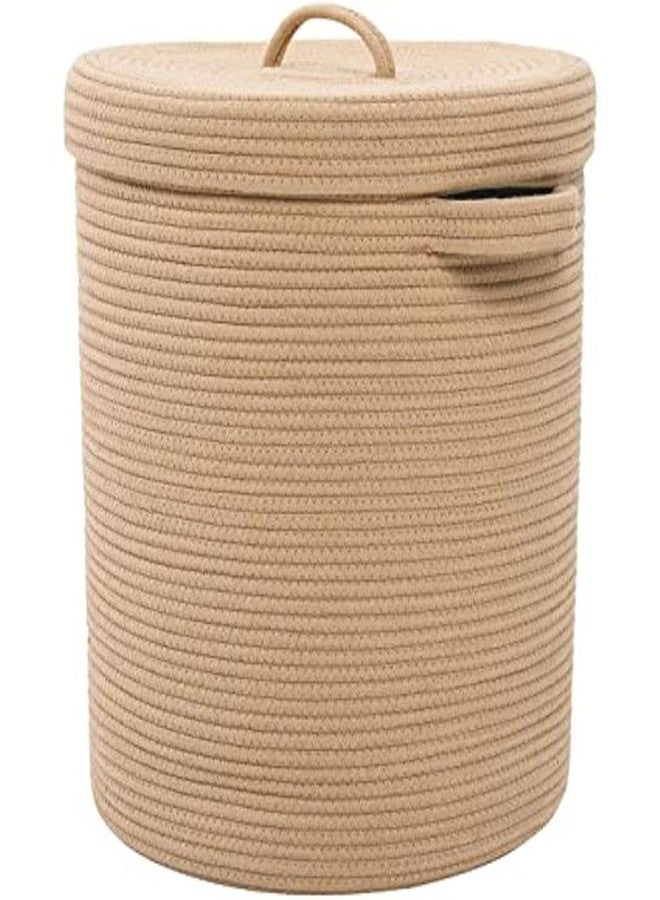 BRISHTl 12" X 12" X 14" Large Storage Basket With Lid, Cotton Rope Storage Baskets, Laundry Hamper, Brown Stiches With Cover